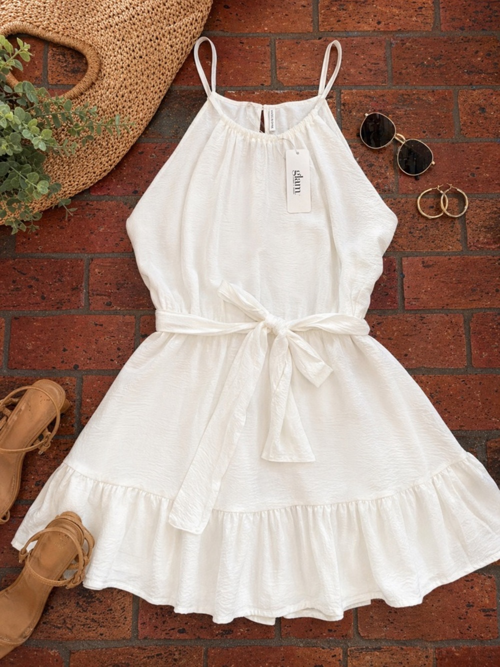 NWT Glam White Halter Mini Dress Tie Waist Ruffle Hem Flowy Boho Summer Beach L